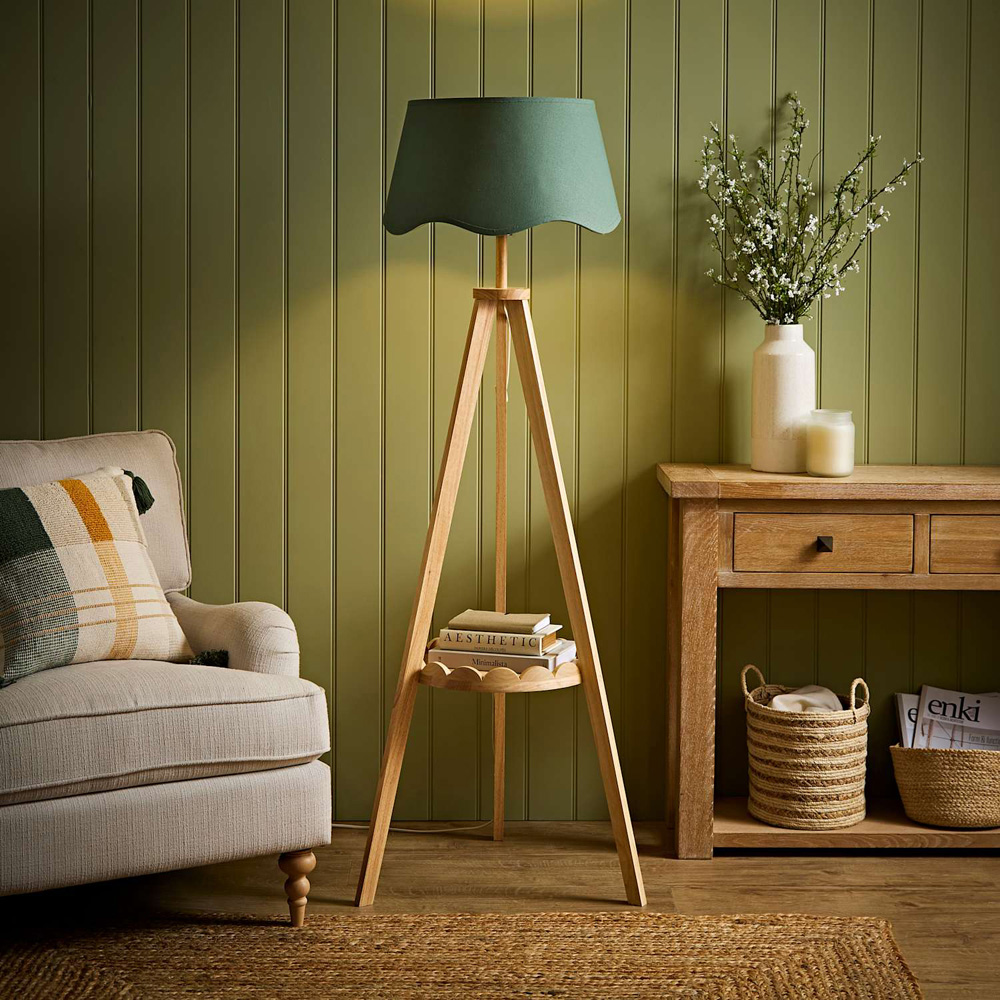 ValueLights Morrigan Sage Green Shade Wooden Scallop Tripod LED Floor Lamp with Bulb Image 6