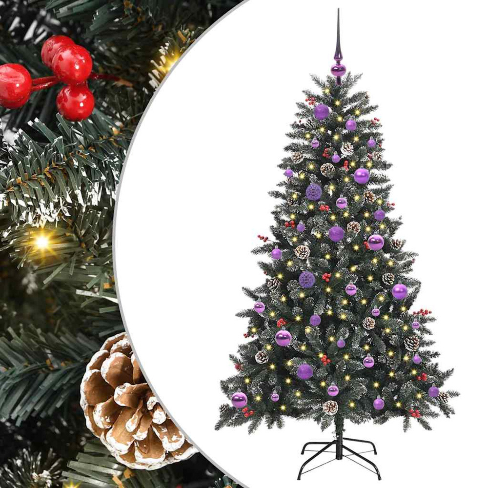vidaXL Pre-Lit Lilac Bauble Pinecones Berries Green Snow Flocked Artificial Christmas Tree 5ft Image 6