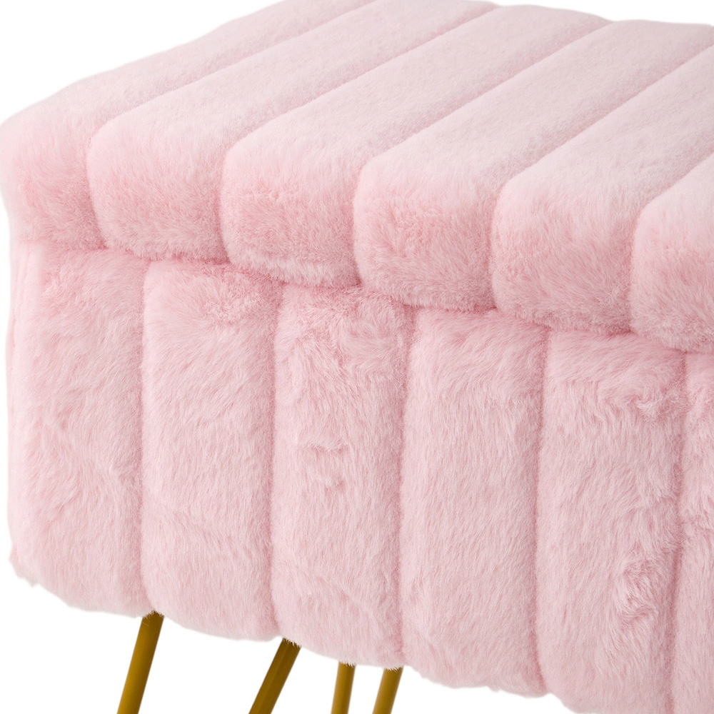 Living and Home Pink Teddy Fleece Storage Ottoman with Gold Metal Legs Image 4