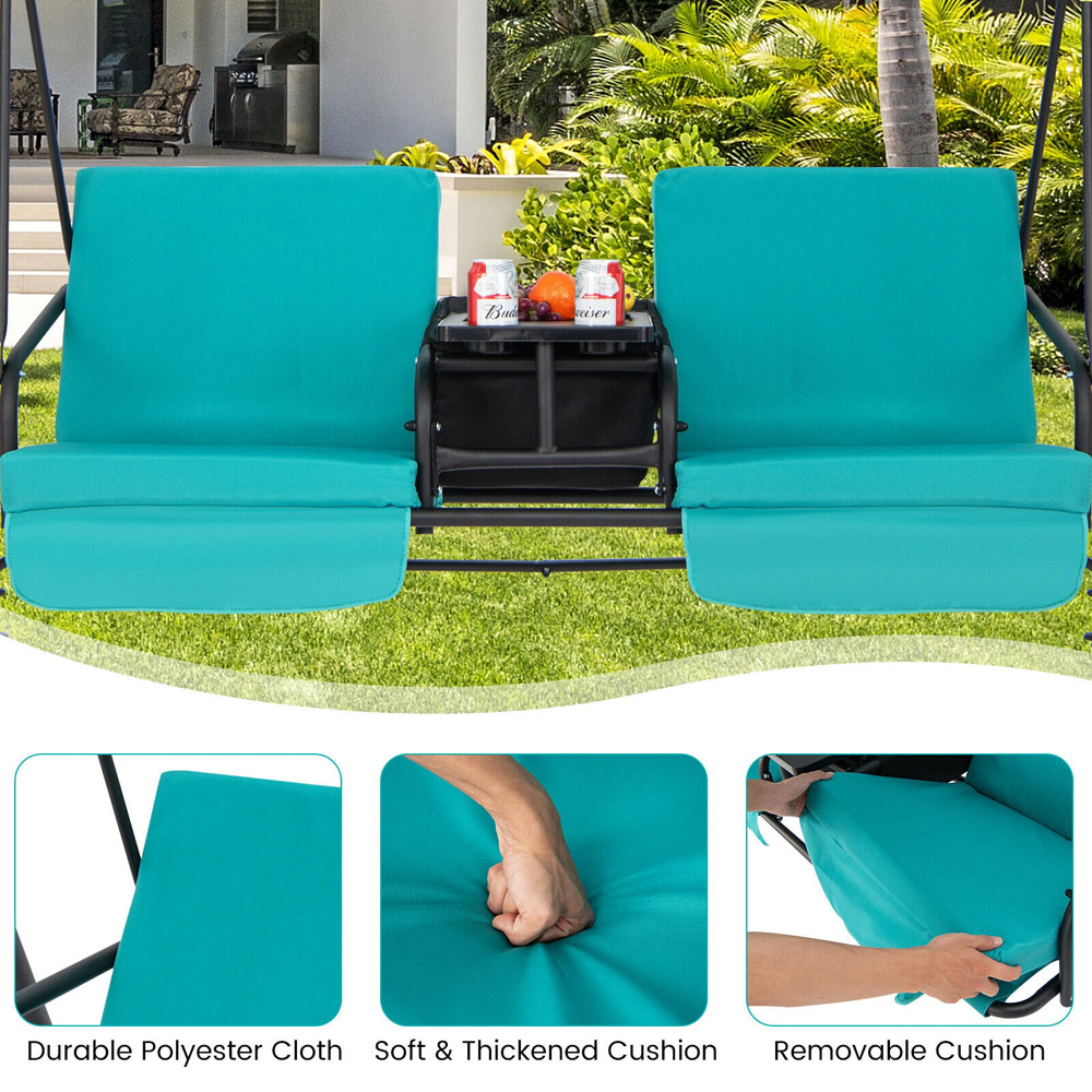 Costway 2 Seater Turquoise Garden Swing Chair with Canopy and Cooler Bag Image 3