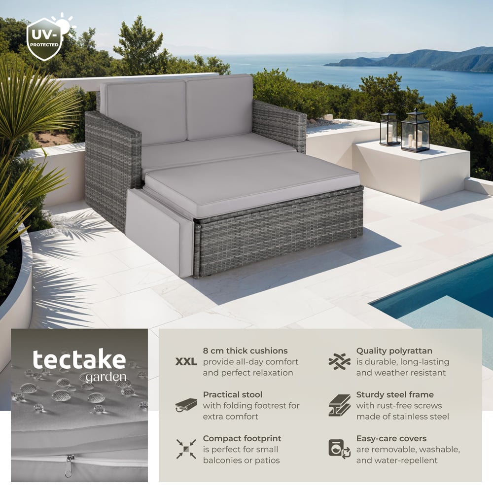 tectake Corfu 2 Seater Grey Garden Sofa with Sun Lounger Image 6