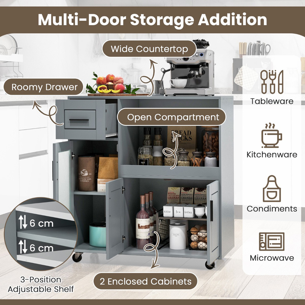 Costway 3 Door Single Drawer Single Shelf Grey Kitchen Island Trolley Image 8