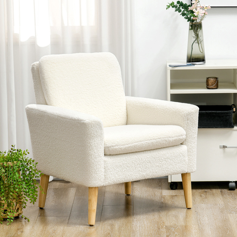 HOMCOM Cream White Upholstered Accent Armchair with Wood Legs Image 4