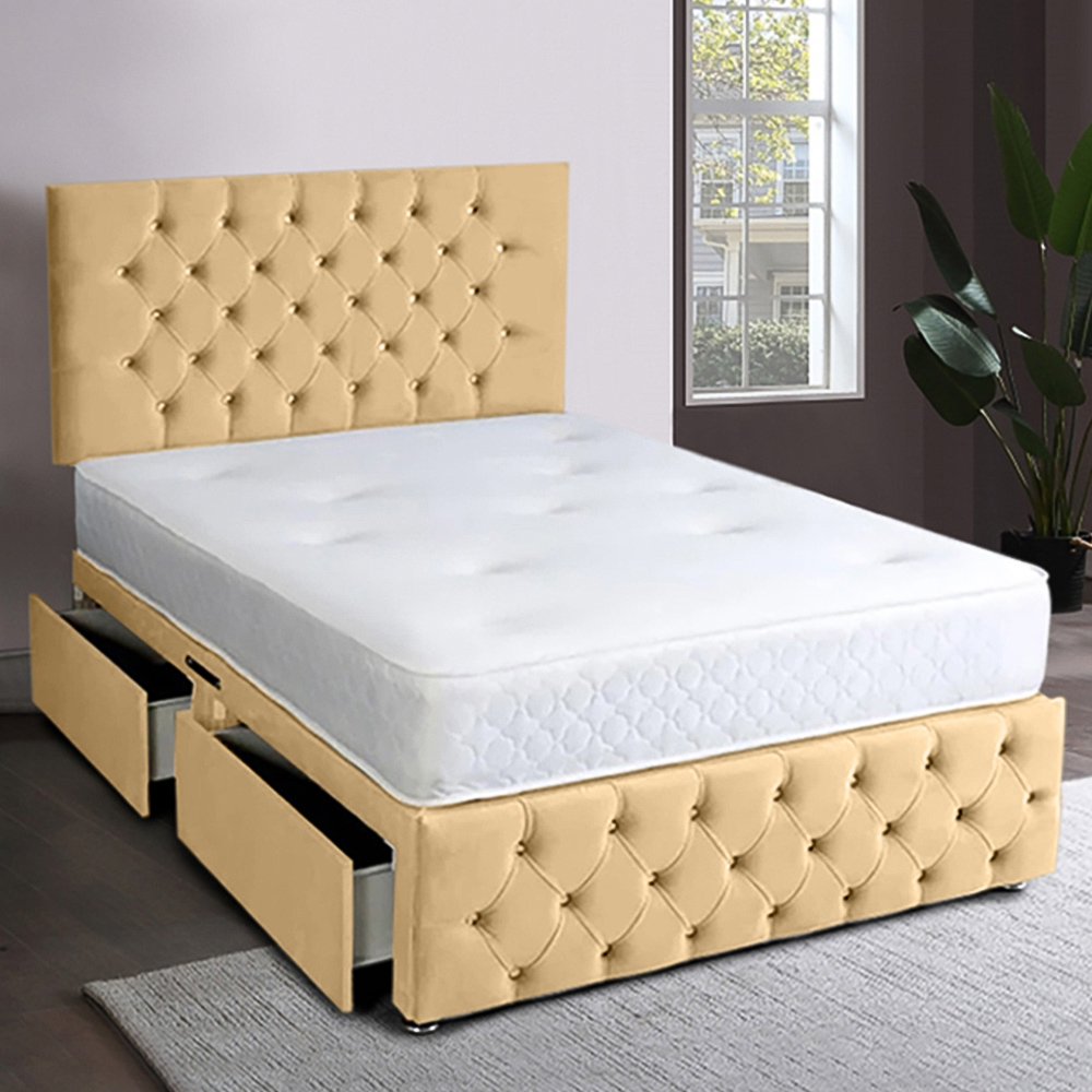 Eleganza Home Serenova King Size Beige Plush Velvet 2 Drawer Divan Bed with Headboard Image 1
