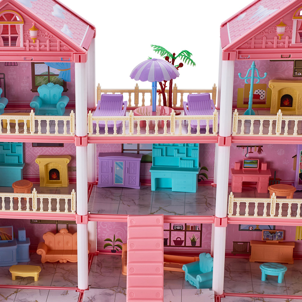 H&O Direct 267 Piece Kids Light Pink 4 Storey Dollhouse Playset with Furniture Image 3