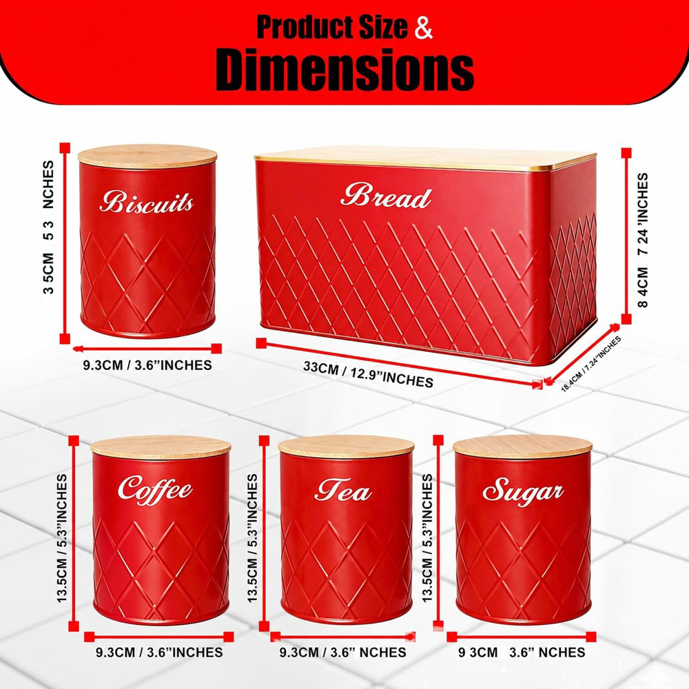 ATEK 5 Piece Red Kitchen Canister Set with Bamboo Lids Image 8