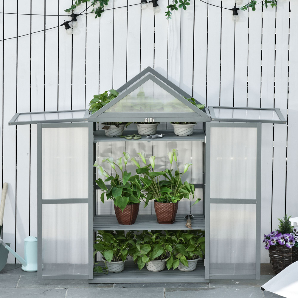 Outsunny 3 Shelf Grey Wooden Polycarbonate 2.6 x 1.5ft Cold Frame Greenhouse Image 2