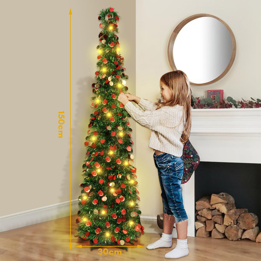 AMOS Warm White LED Red and Gold Circular Pieces Artificial Green Tree 5ft Image 5