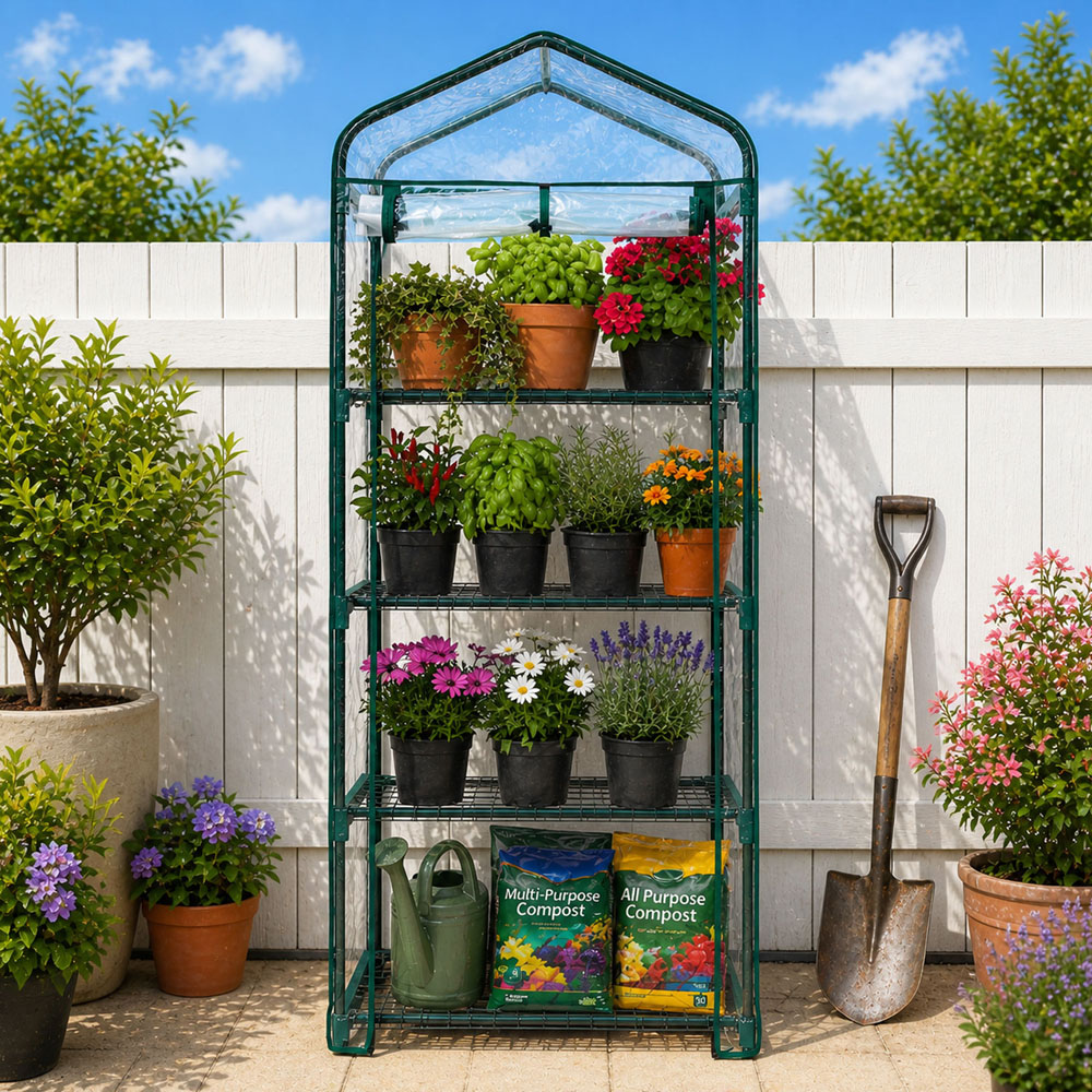 Neo 4 Shelf Green Galvanised Steel and PVC 2.3 x 1.6ft Mini Greenhouse Image 2