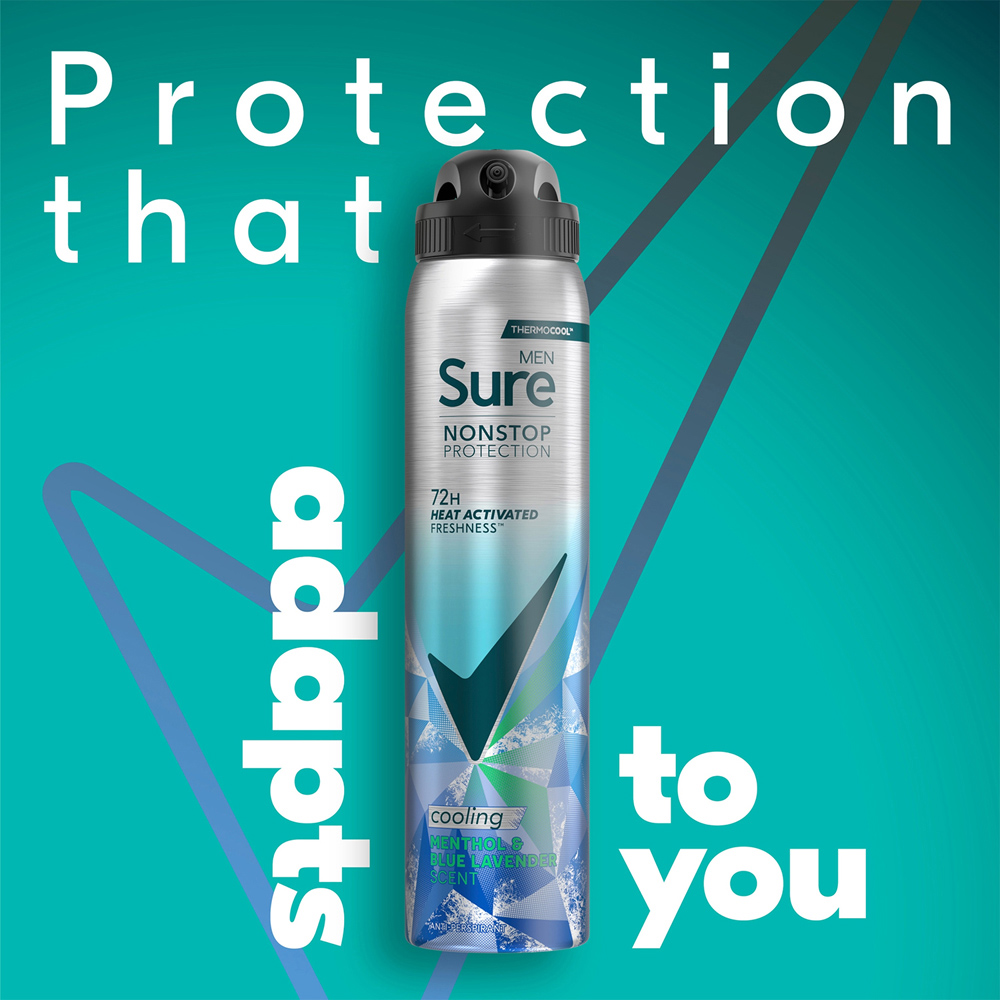 Sure Men Nonstop Protection Menthol and Blue Lavender Anti-Perspirant Spray 250 ml 6 Pack Image 3