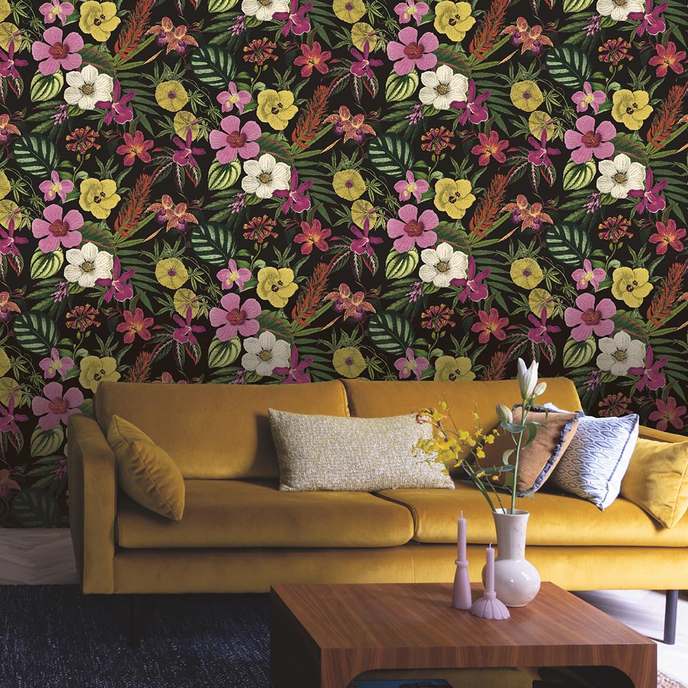 Rasch Priya Floral Black and Magenta Wallpaper Image 3