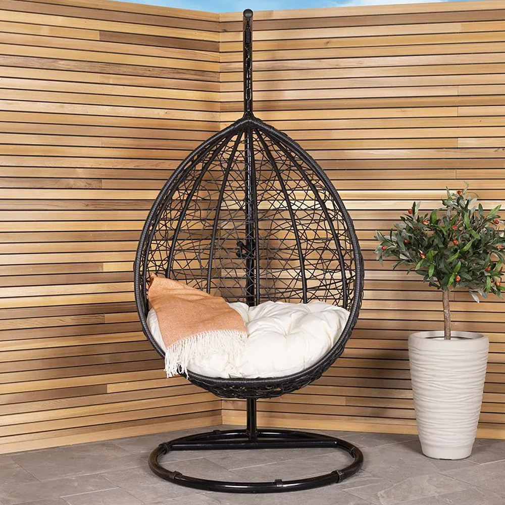 Charles Bentley Black Rattan Swing Egg Chair with Cushions Image 1