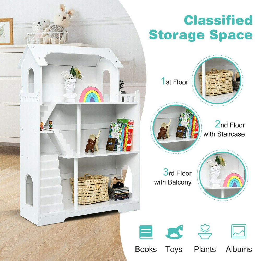 Costway 3 Shelf Kids Wooden Dollhouse Bookcase Image 6
