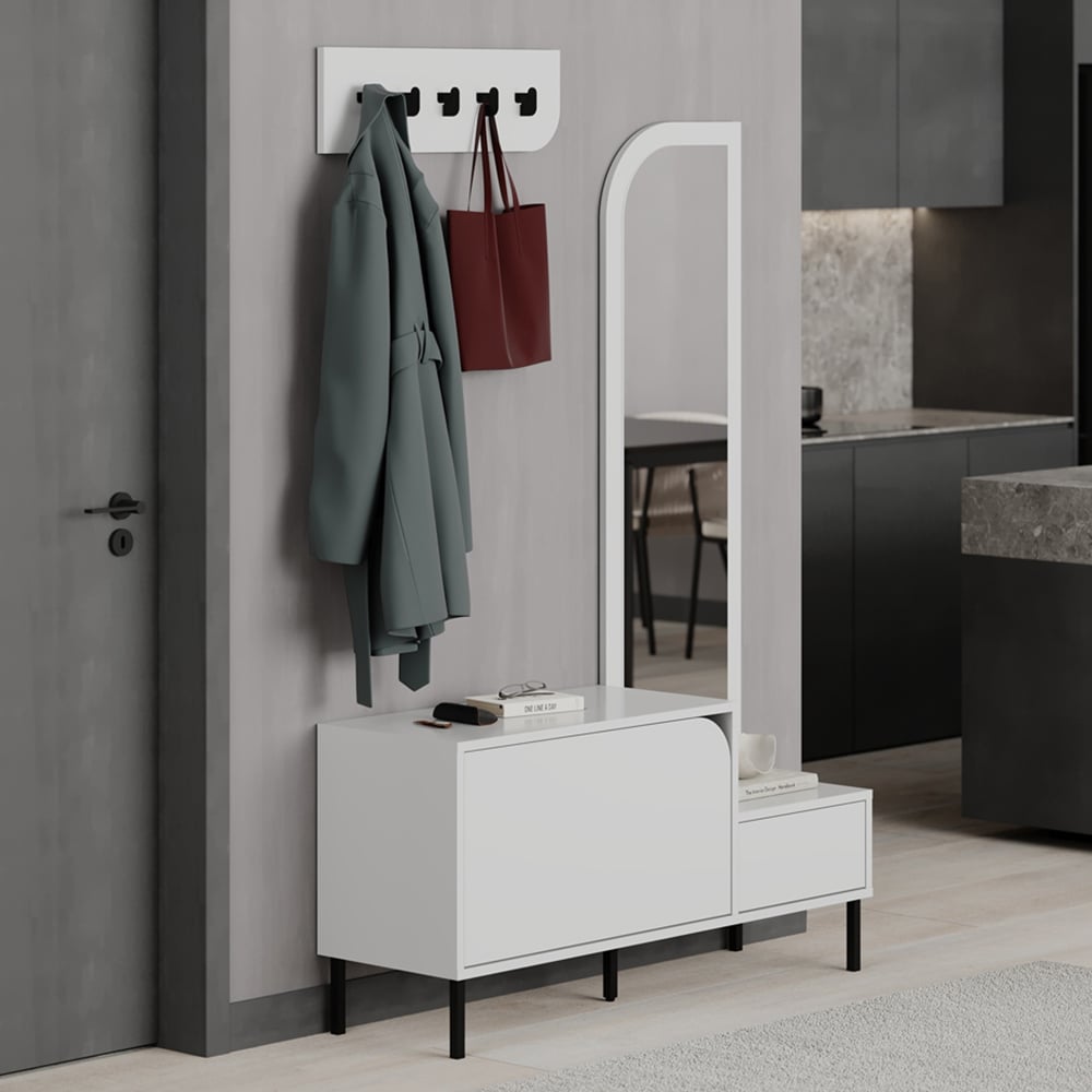 Decortie Mila 2 Door White Mirror Coat Stand and Shoe Cabinet Image 1