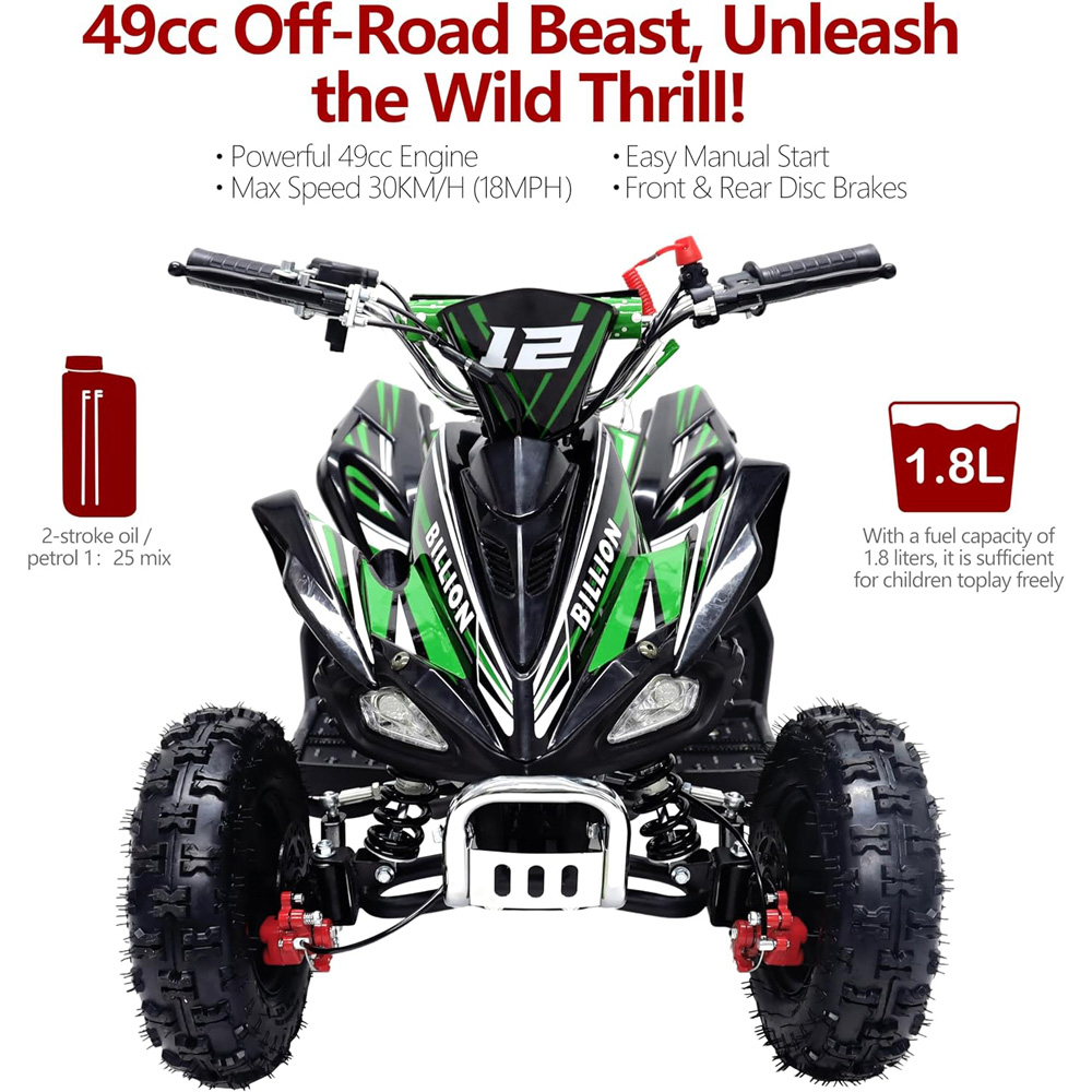Alivio Kids Green 49cc 2-Stroke Engine Mini Petrol Quad Bike with Disc Brakes 1.8L Image 7
