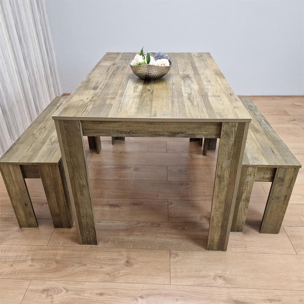 Portland 4 Seater Rustic Effect Dining Table Set with Benches Image 5
