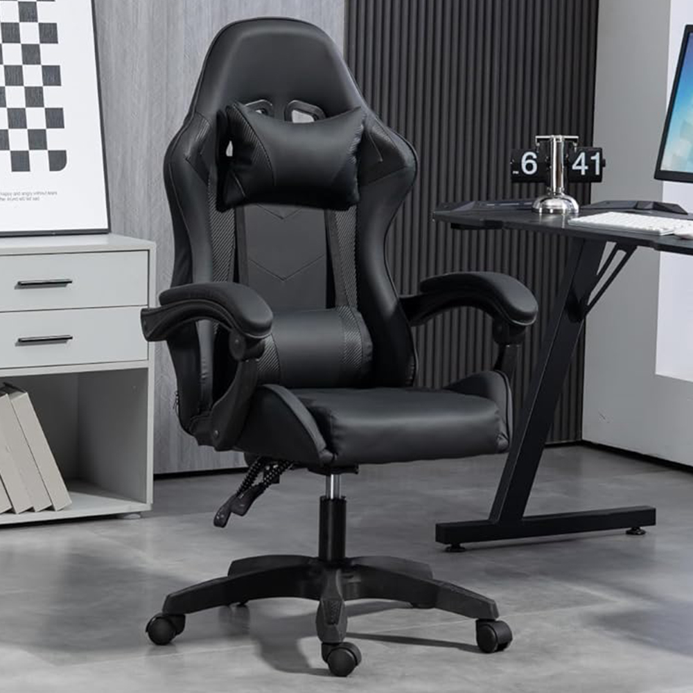 Home Treats Black Reclining Gaming Chair with Lumber Cushion Image 1