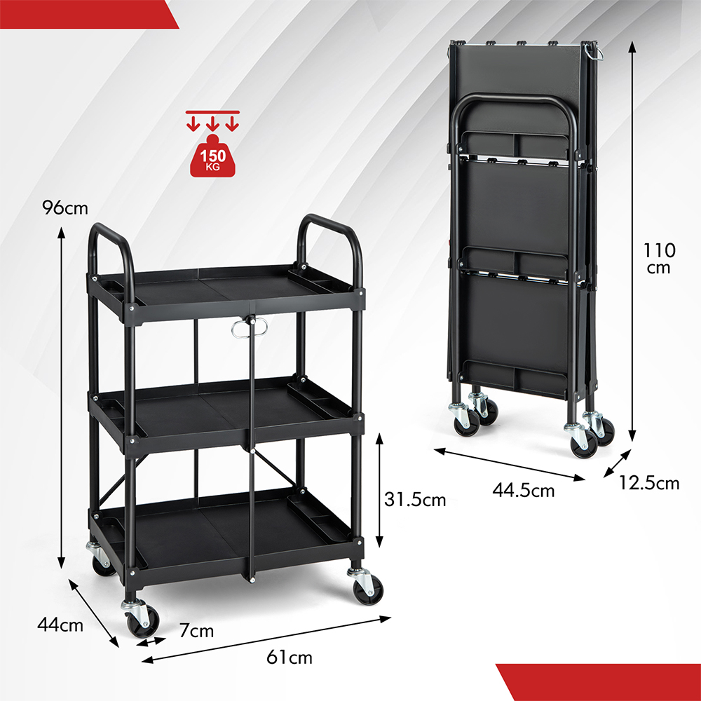 Costway 3 Shelf Folding Tool Trolley with Lockable Wheels Image 9