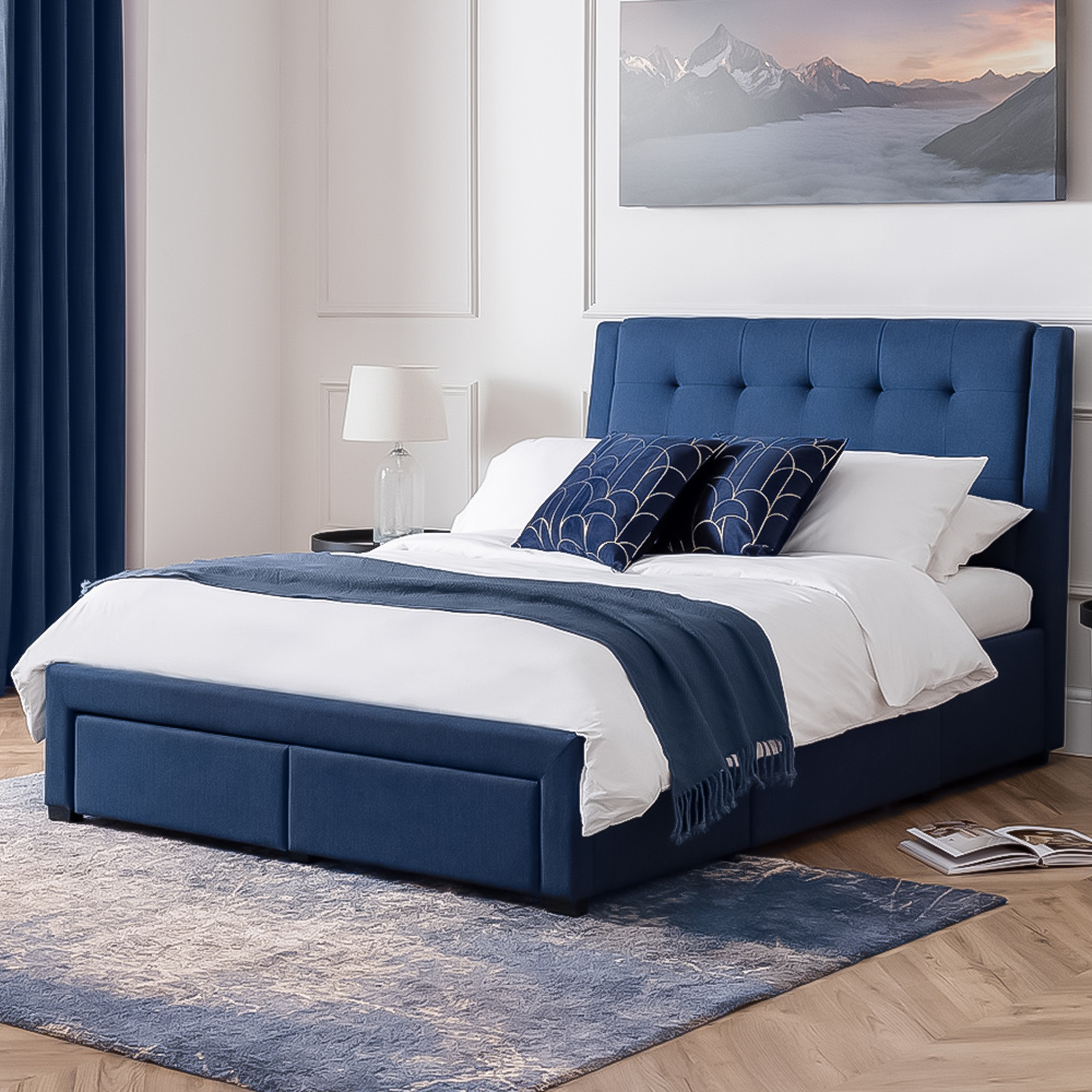 Julian Bowen Fullerton Super King Blue Linen Bed Frame with Underbed Drawers Image 1