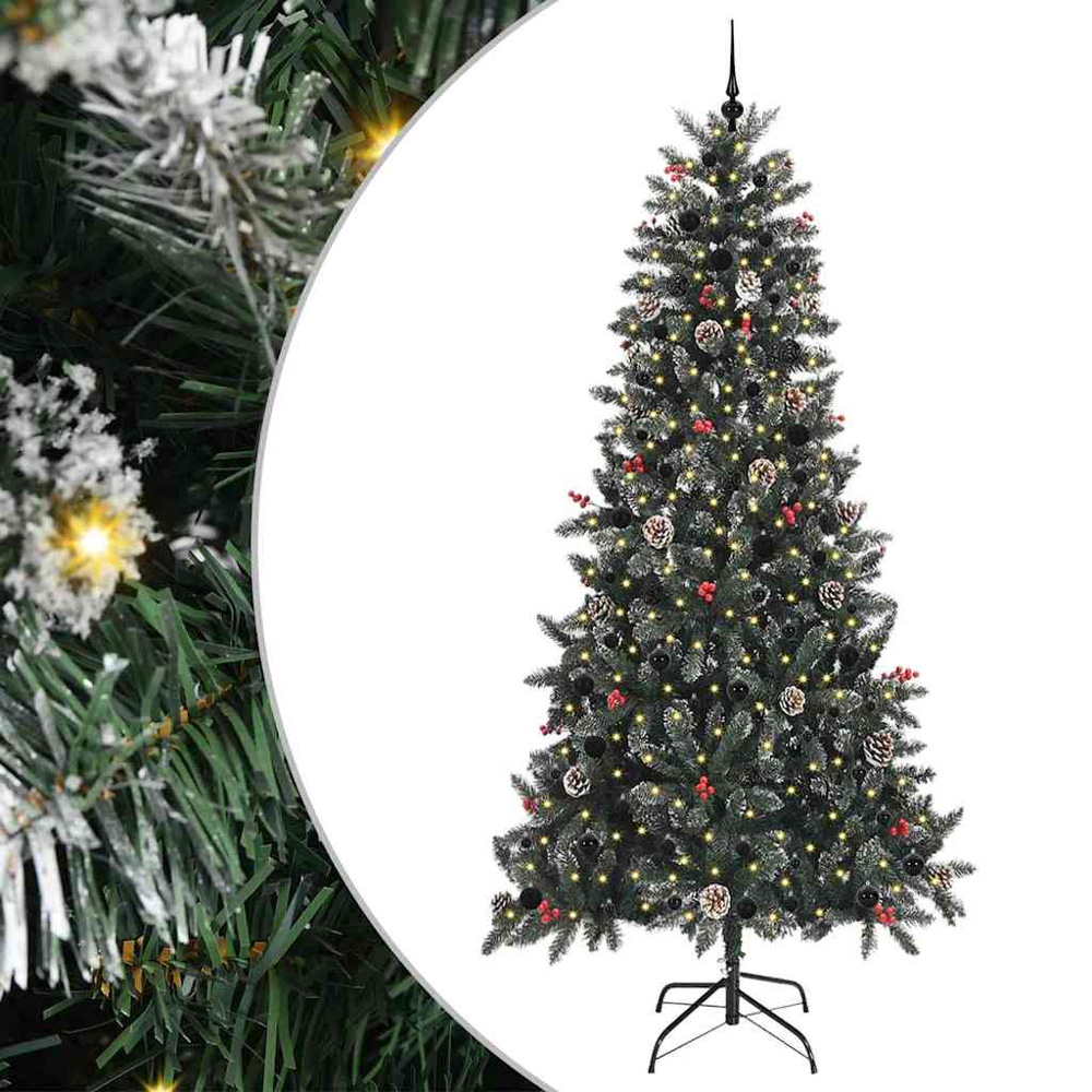 vidaXL Pre-Lit Black Baubles Green Artificial Snow Tipped Christmas Tree 8ft Image 2