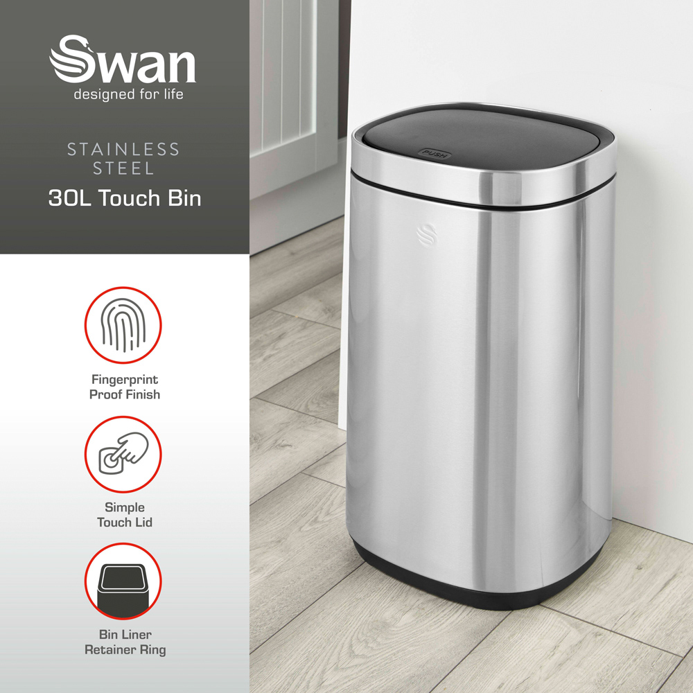 Swan Silver Stainless Steel Square Touch Bin 30L Image 3