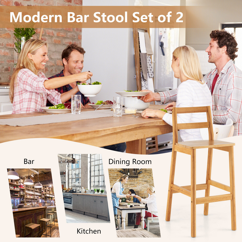 Costway Natural Wooden Bar Stool Set of 2 Image 7