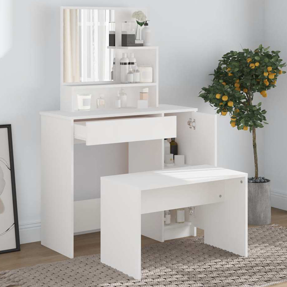 vidaXL Single Door Single Drawer White Dressing Table and Stool Set with Mirror Image 1