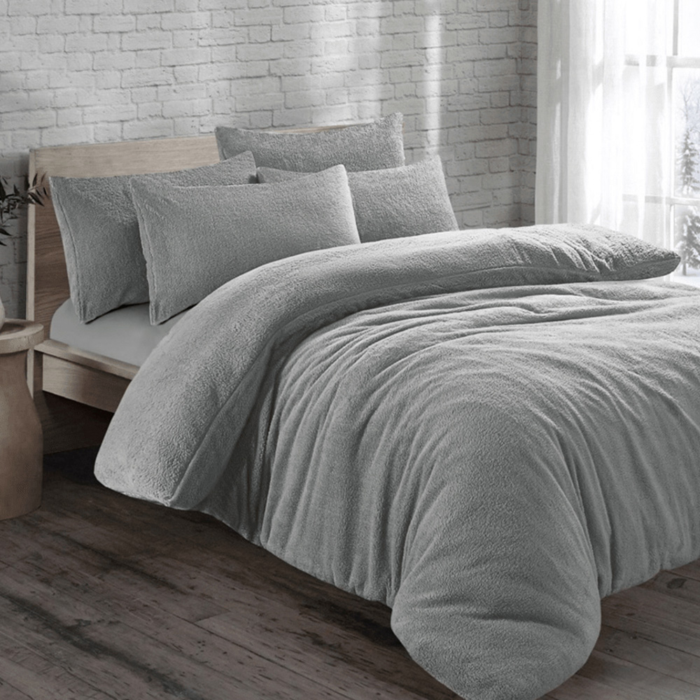 Velosso King Size Ash Grey Teddy Fleece Duvet Set Image 2