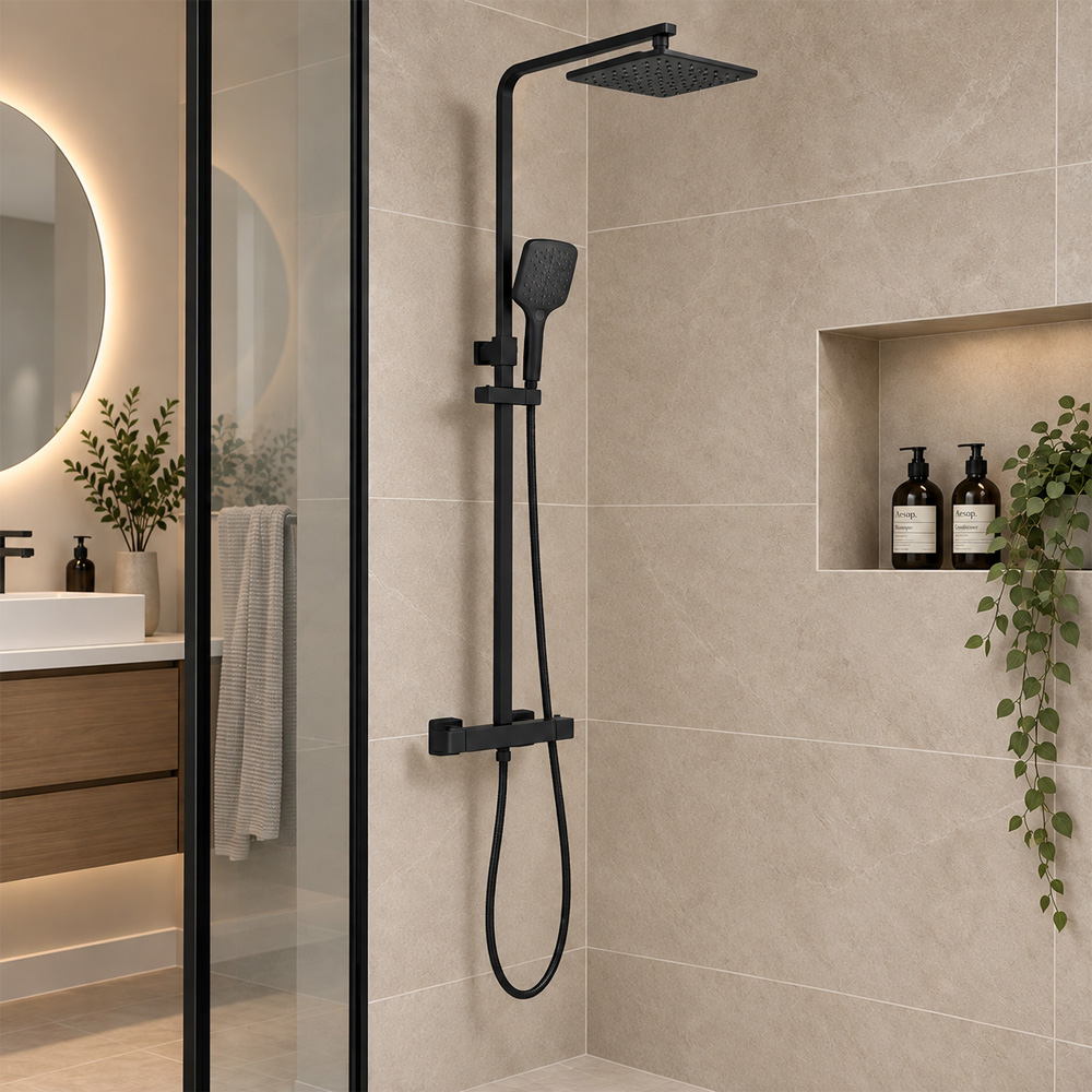 Go Bathrooms Matt Black Square Thermostatic Shower Kit Image 3