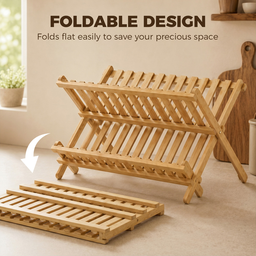 HOMCOM 2-Tier Natural Foldable Kitchen Storage Unit with Slatted Draining Shelves Image 5