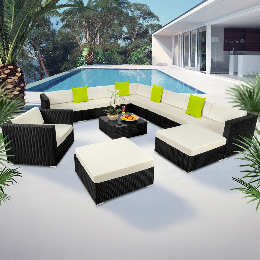 tectake Las Vegas 11 Seater Black Polyrattan Garden Corner Lounge Set Image 1