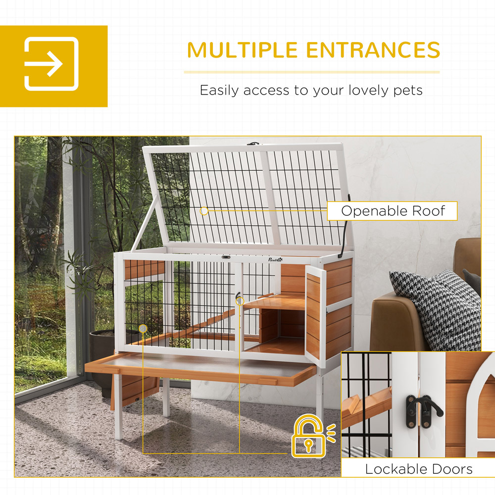 PawHut White 2 Tier Wooden Rabbit Hutch with Openable roof Image 5