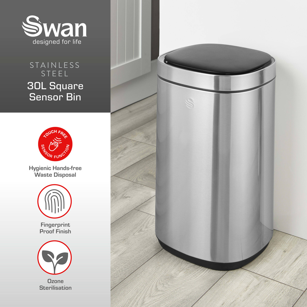 Swan Silver Stainless Steel Square Sensor Bin 30L Image 3