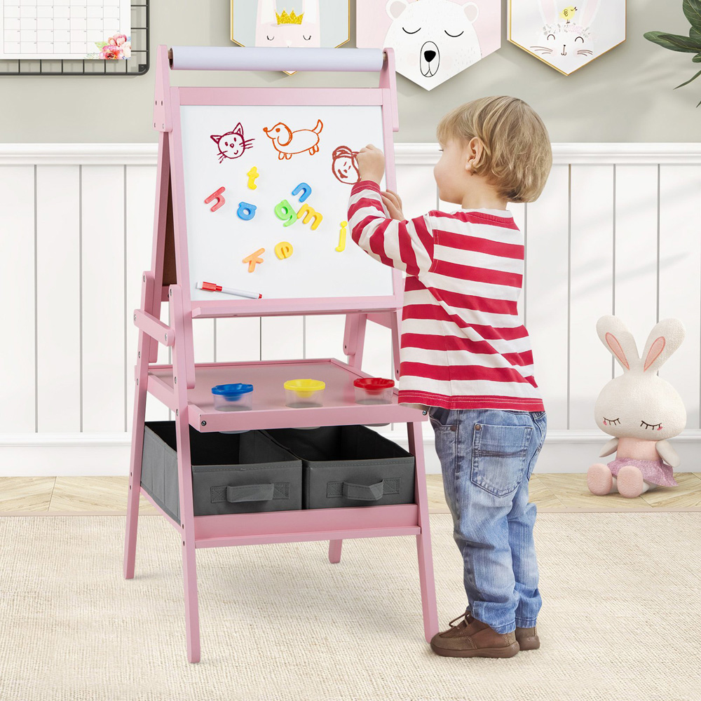 Costway Kids Pink Double Sided Easel with Magnetic Whiteboard and Chalkboard Image 3