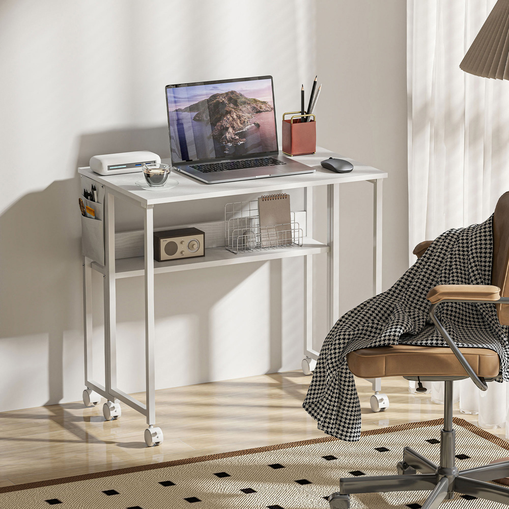 HOMCOM Single Shelf Foldable Computer Desk with Wheels and Side Bag White Image 7