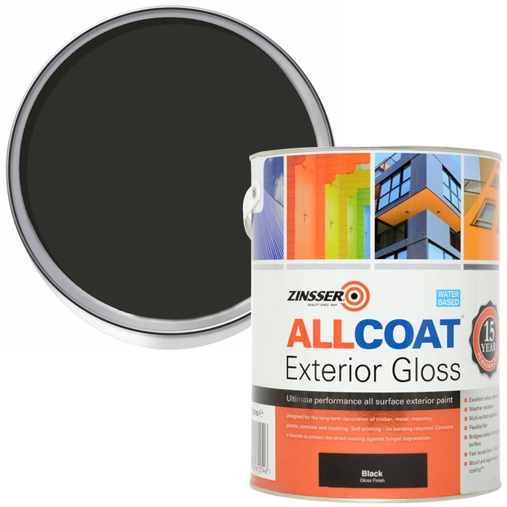 Zinsser Allcoat Black Water Based Exterior Gloss Paint 5L Image 1