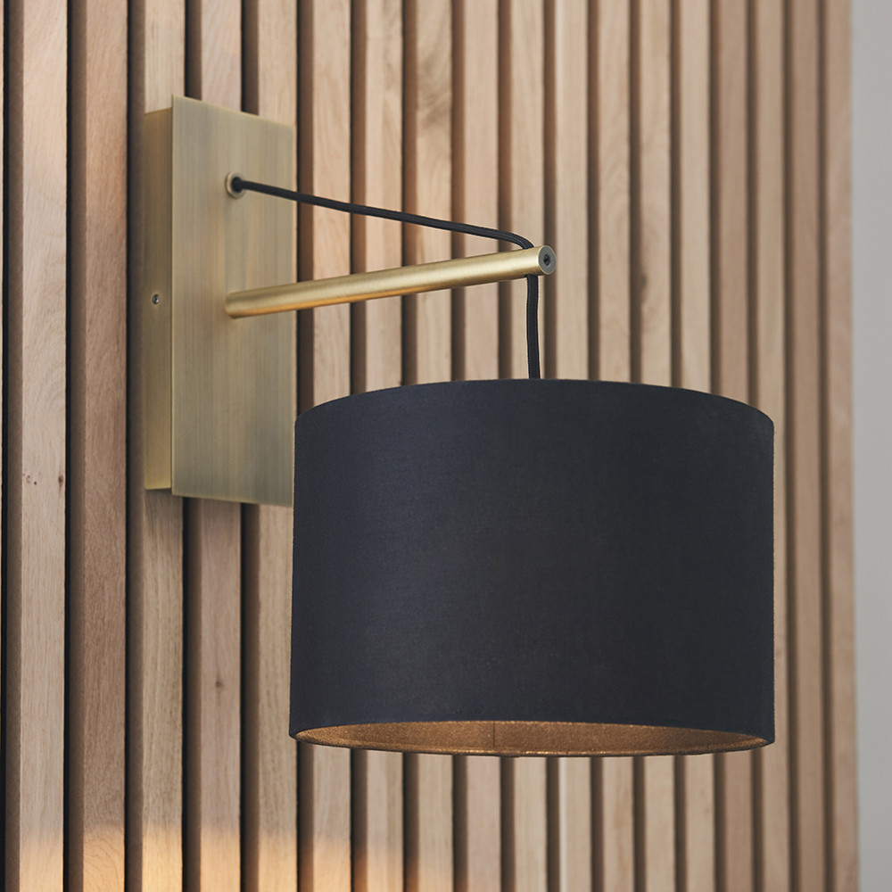 Merano Ravenna Black Cotton Fabric Shade Matt Brass Plate Wall Lamp Image 2