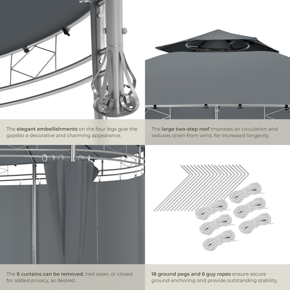 tectake Siana 3.5m Anthracite Double Roof Water-Repellent Round Gazebo with 6 Side Panel Image 6