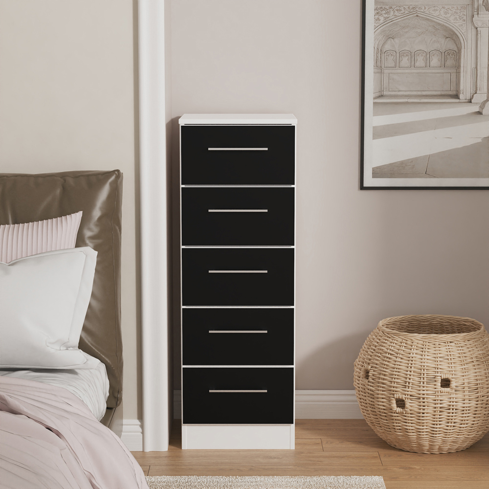 Crowndale Worcester 5 Drawer Matt Black and White Tall Bedside Cabinet Ready Assembled Image 4