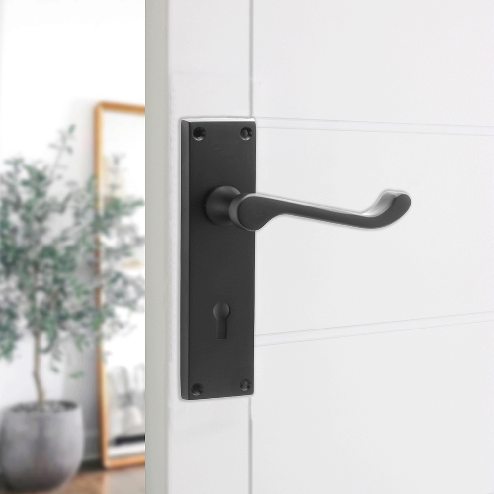 Spira Brass Victorian Matt Black Scroll Lock Lever Door Handle 2 Pack Image 2