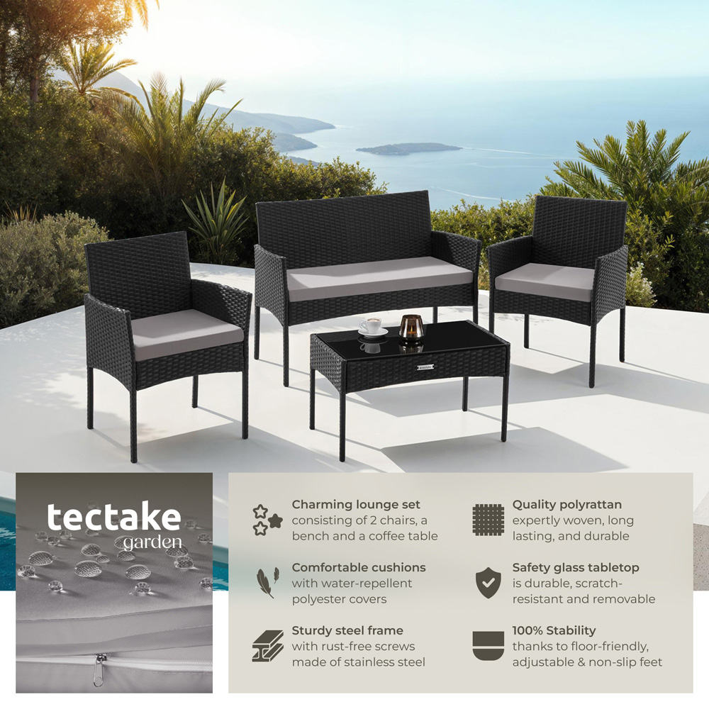 tectake Palese 4 Seater Black Rattan Garden Sofa Set Image 3