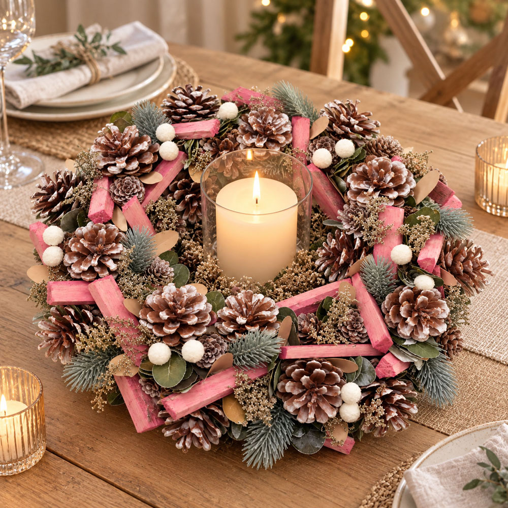 Neo White and Pink Artificial Frosted Christmas Wreath with Berries and Pine Cones 50cm Image 3