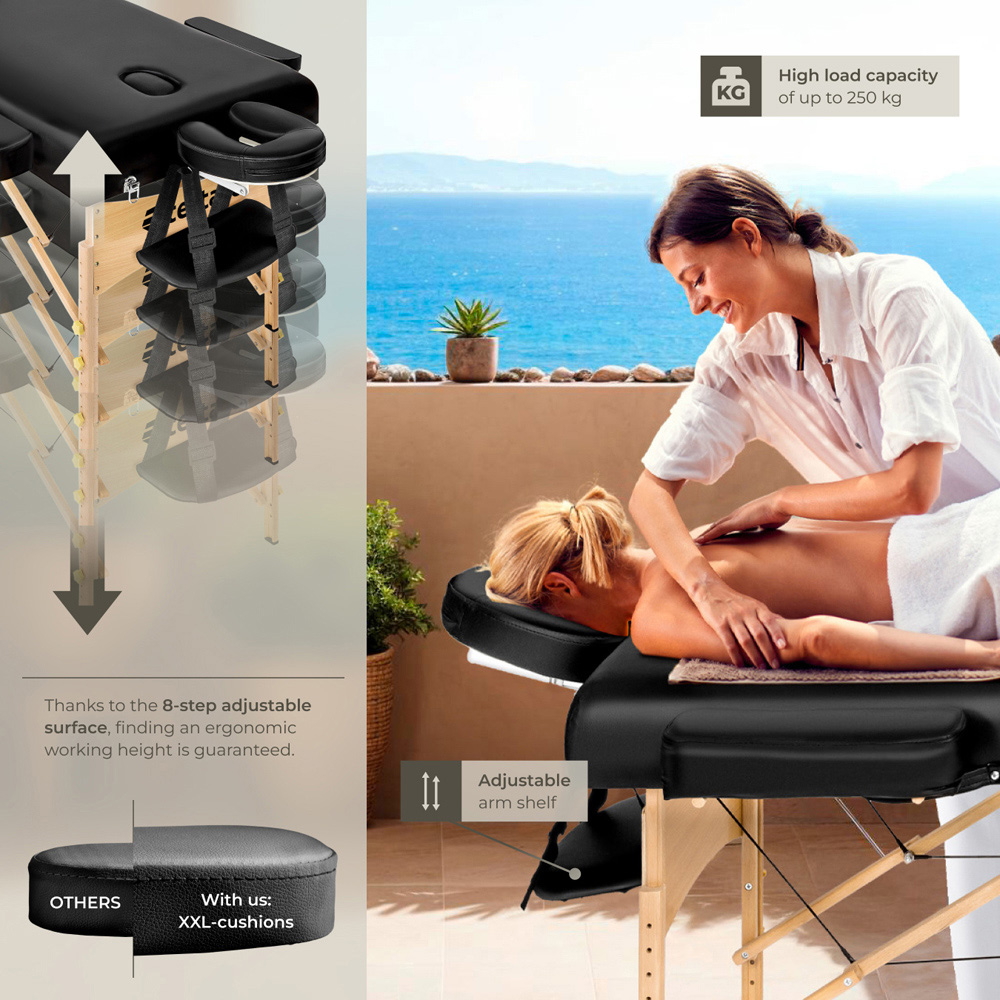 tectake Black 3 Zone Somwang Massage Table with Headrest Armrests Footrest and Bolster Set Image 4