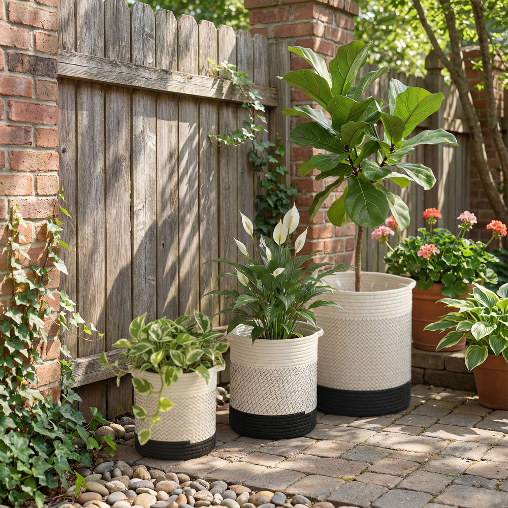 Outsunny White Handwoven Cotton Plant Pot Set of 3 Image 5