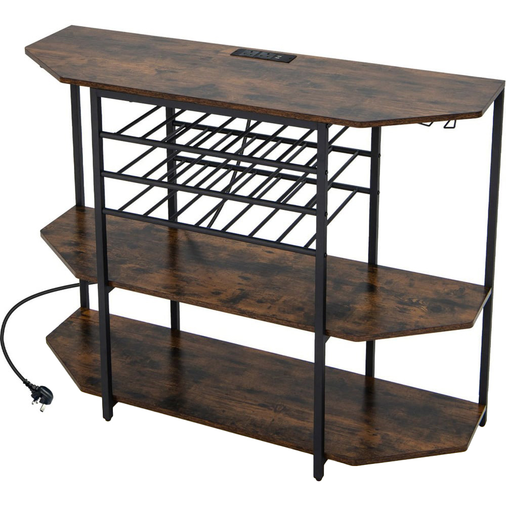 Costway 3 Shelf 21 Bottles Brown Wine Rack with Glass Holder Image 1