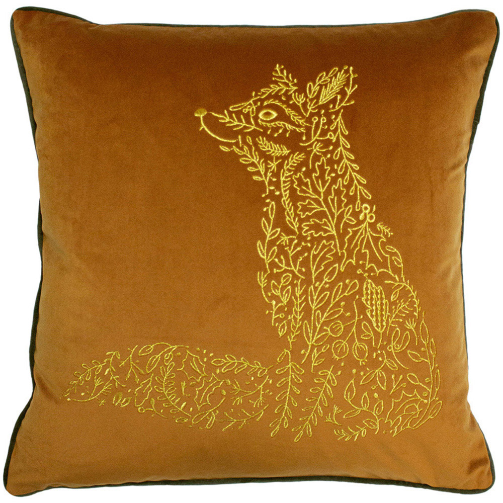 furn. Forest Fauna Rust and Gold Fox Velvet Piped Cushion Image 1