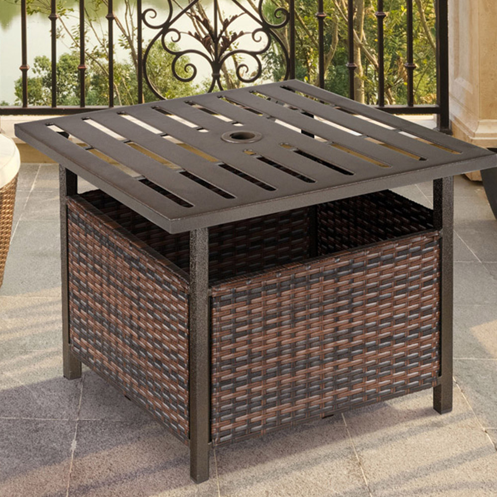 Outsunny Brown Rattan Coffee Table with Umbrella Hole Image 1