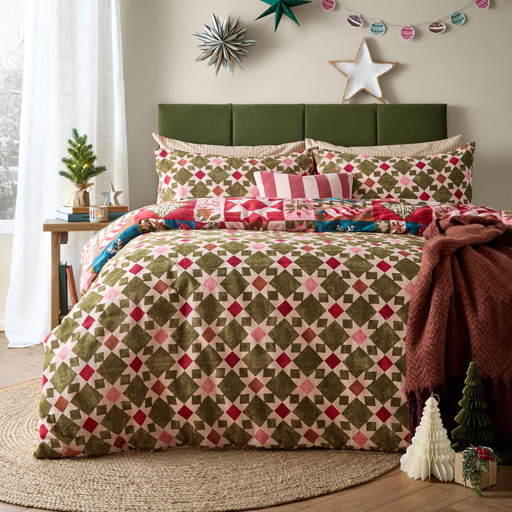 Furn Fika Super King Size Pink and Blue Patchwork Reversible Duvet Cover Set Image 2