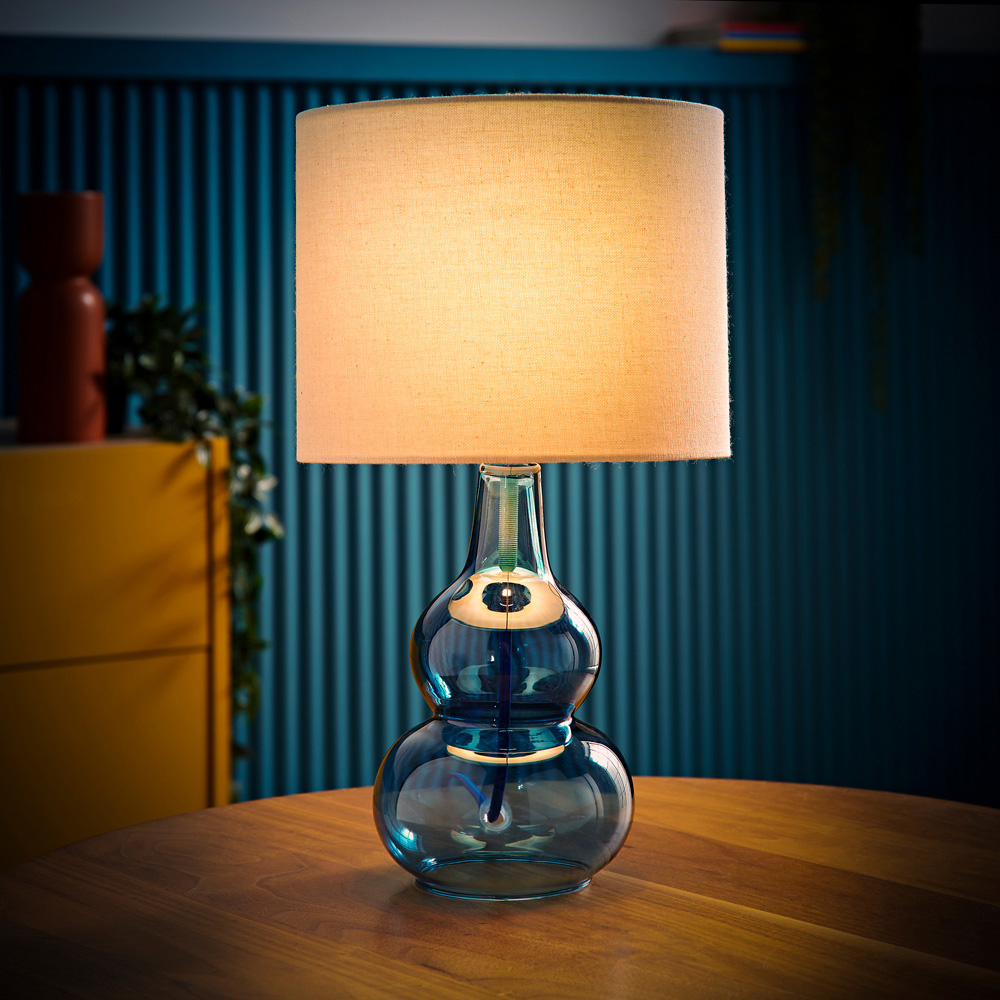 ValueLights Aida Natural Linen Tall Lamp Shade Blue Bubble Glass LED Table Lamp Image 6