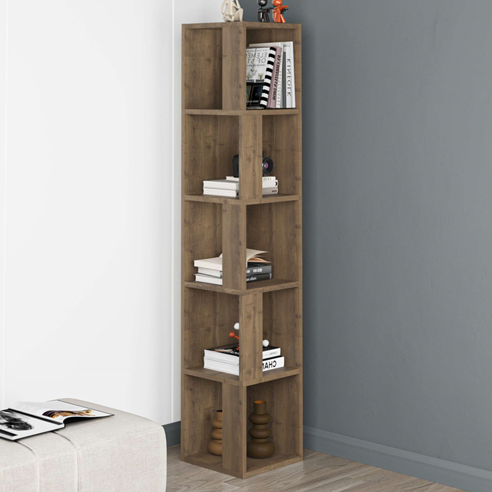 Decortie Piano Dark Oak Effect Tall Corner Bookcase Image 1